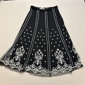 Peter Nygard Black Midi Skirt W/Embroidery Rococo Sheer Lace Sz 8 Women